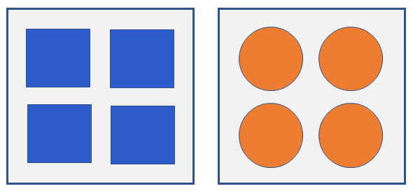 Four blue squares with a border around them next to four orange circles with a second border around them.