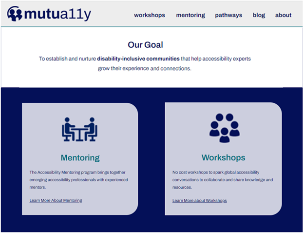 The Muta11y home page has a small banner region containing the logo and site navigation followed by a larger area with the site’s goal. The bottom of the page includes two large cards for Mentoring and Workshops. Each card has an icon, title, short description, and link. See the following text for a full description.