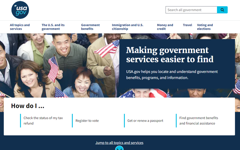 Large photo of diverse people with American flags spans the entire page. The level one heading placed over the image is twice as large as any other text. The content below the image is set off by a large amount of white space and has a level two heading that is smaller than the level one heading but much larger than the body text.