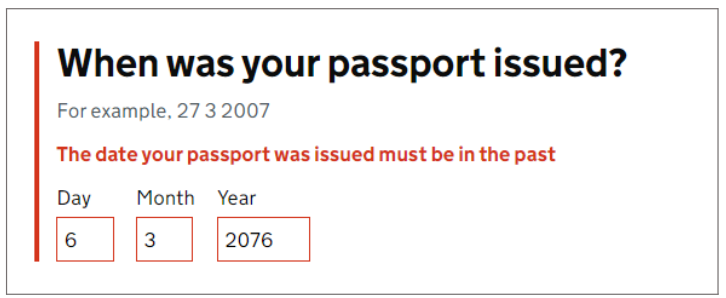 Incorrect entries in a form field are indicated with a red border, a red error message, and a red bar added to the left of the error.