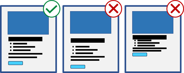 Three simplified card elements using colored blocks to indicate the layout. Each contains an image, heading, text, and button in that order. The first card uses white space well, the second has elements placed too far apart, and the last has elements too close.