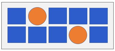 Eight blue squares laid out in a grid that is interrupted by two orange circles in place of where another two squares might have been.