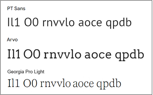 Three fonts with the text string “Il1 O0 rnvvlo aoce qpdb.”  The preceding text describes the three fonts.