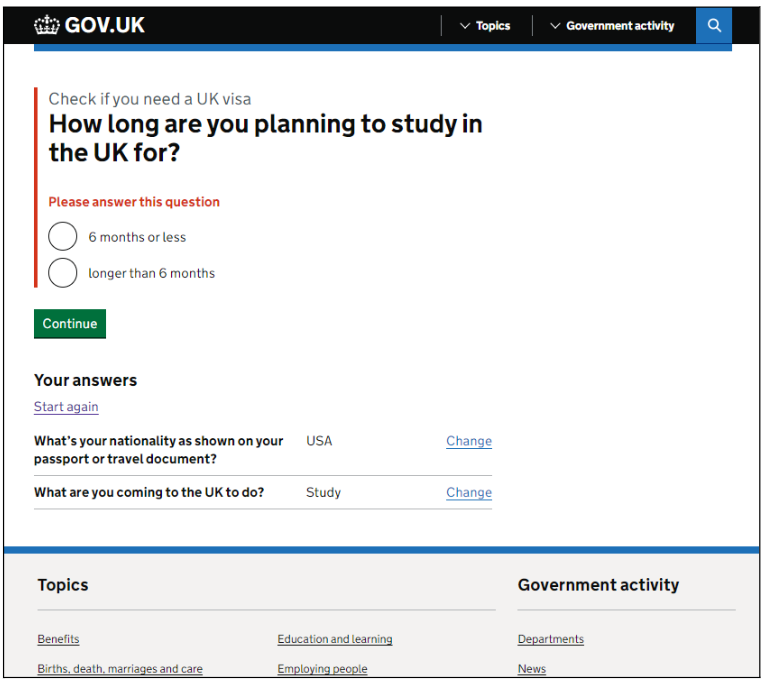 Screenshot of a Gov.UK visa application page. Details are in the following text.