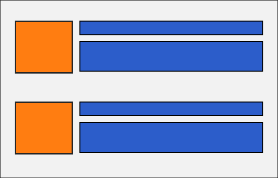 An orange square is located to the left of two blue rectangles placed one over the other. All three objects are closely located. There is a noticeable amount of space on the page and then the same group of three objects is repeated.