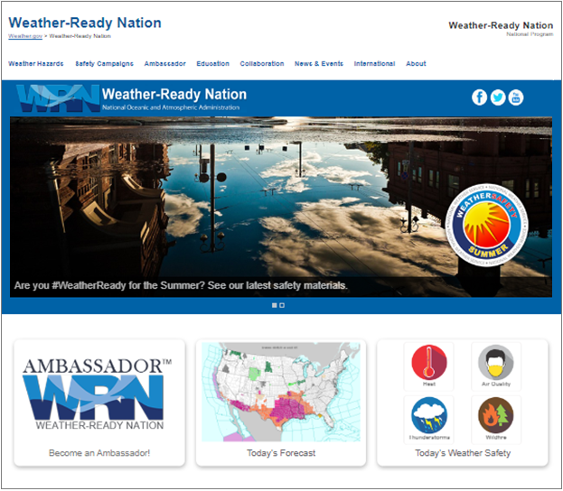 The Weather-Ready home page has a banner containing its title and site navigation. Below that is a large image that spans the page. Buttons underneath the image indicate that it is part of an image carousel. The last part of the page has three linked card elements. See the following text for a full description.
